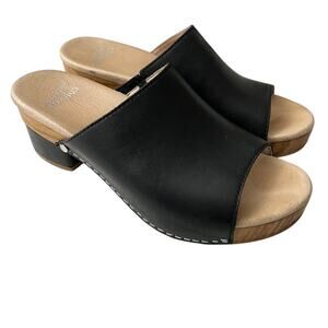 Dansko Black Leather Open-Back Clog Sandals with Tan Wood-Effect Sole